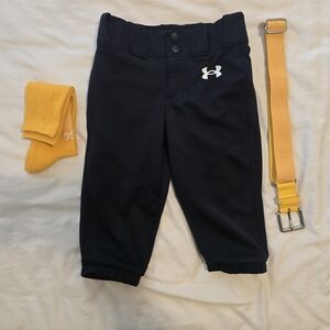 Under Armour Youth XS Black Baseball Pants With Yellow Belt And Socks